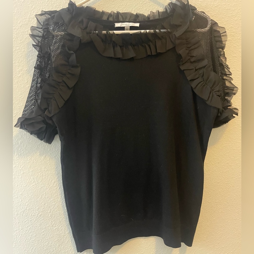 Sioni Milano Black Netted Ruffled Short Sleeve Top Size Large